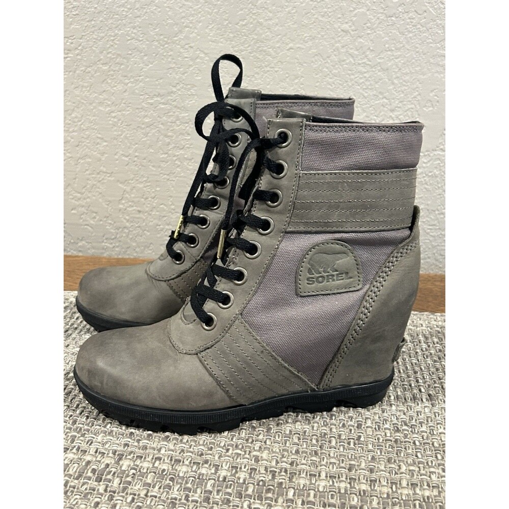 Sorel Lexie Wedge Boots Womens 8.5 Gray Leather Ankle Lace Up Winter Waterproof